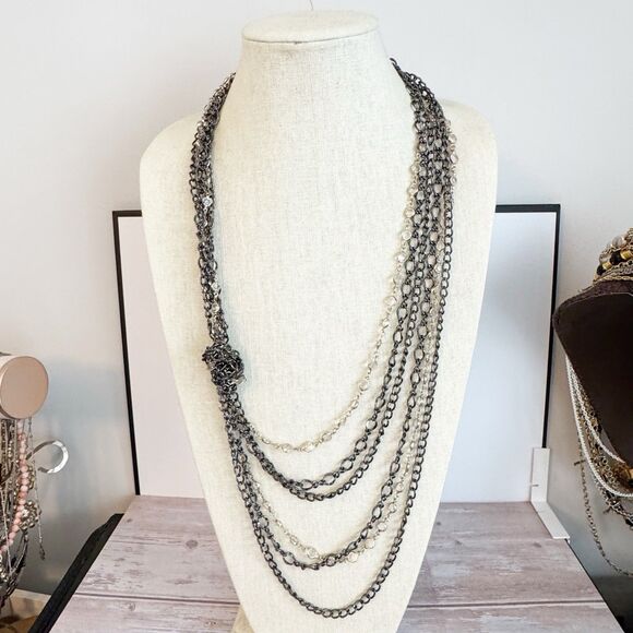 Chico’s Layered Knotted Chain Bezel Set Crystal Draped Statement Necklace - Picture 8 of 13